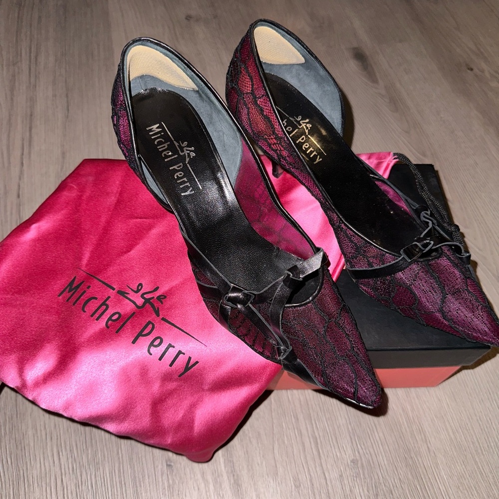 MICHEL PERRY Womens Pink & Black Lace Pump Size US Size 10